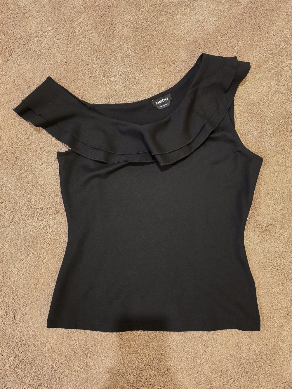 bebe Black One-Shoulder Ruffle Tank